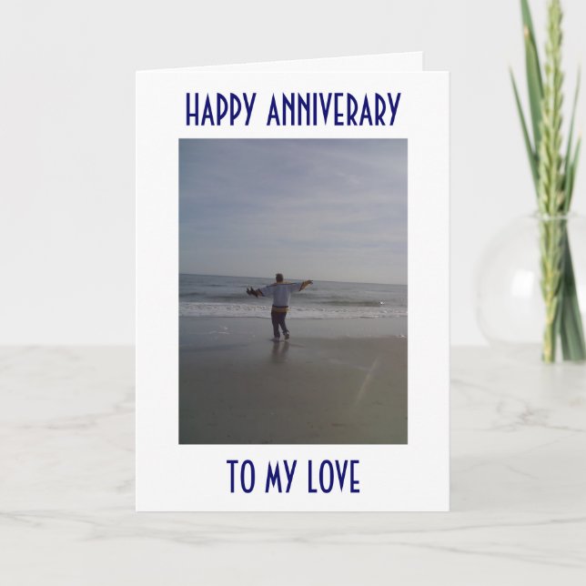 CARTE L'HOMME SUR LA PLAGE DÉCLARE SON AMOUR À L'ANNIVER (Devant)