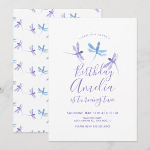 Carte Libellule Aquarelle Fête d'anniversaire Violet Ble