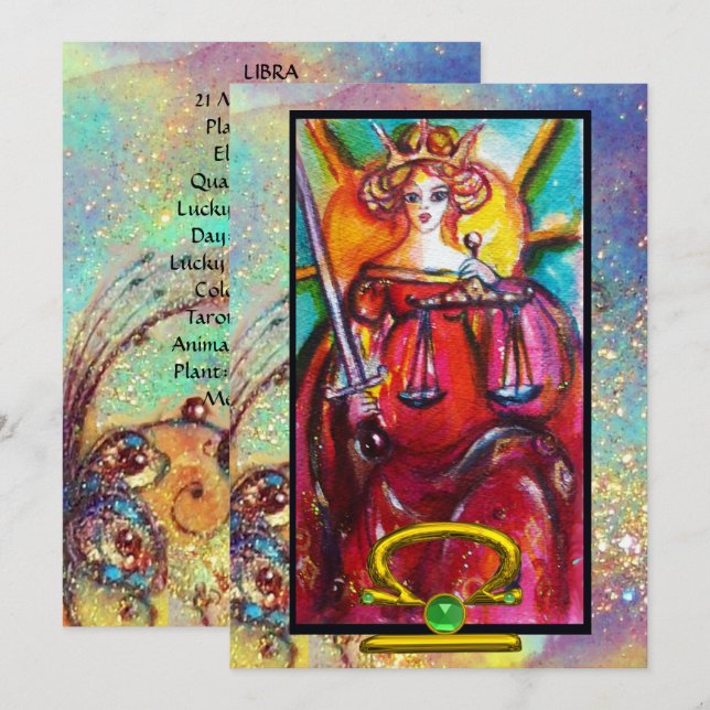 CARTE LIBRA, JUSTICE TAROT ASTROLOGIE ZODIAC ANNIVERSAIR (Devant / Derrière)
