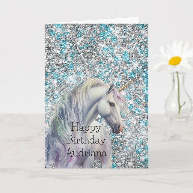 Carte Licorne argentée Aqua Paillettes Étincelles Annive (Petite plante)