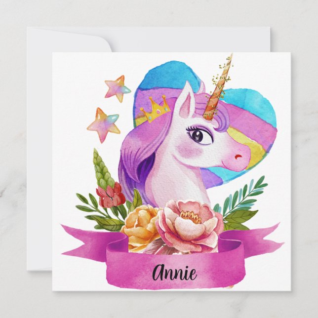Carte Licorne cœur personnalisé mignon aquarelle (Devant)