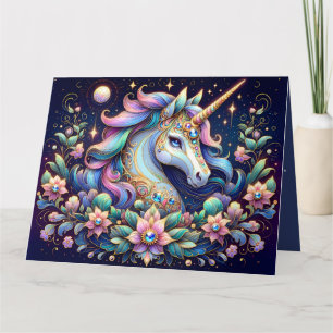 Carte Licorne Florale aux Tons de Joyaux Fantastique