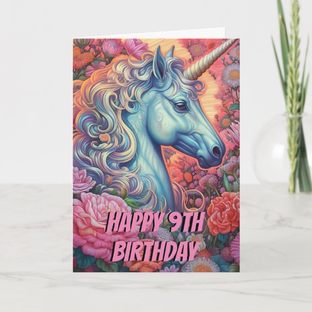 Carte Licorne Magique Anniversaire 9 Ans Plié (Devant)