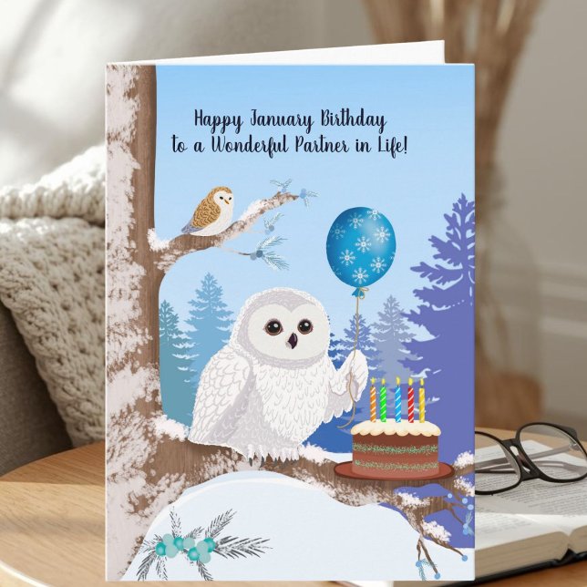 Carte Life Partner Happy January Birthday Snowy Owl (Créateur téléchargé)
