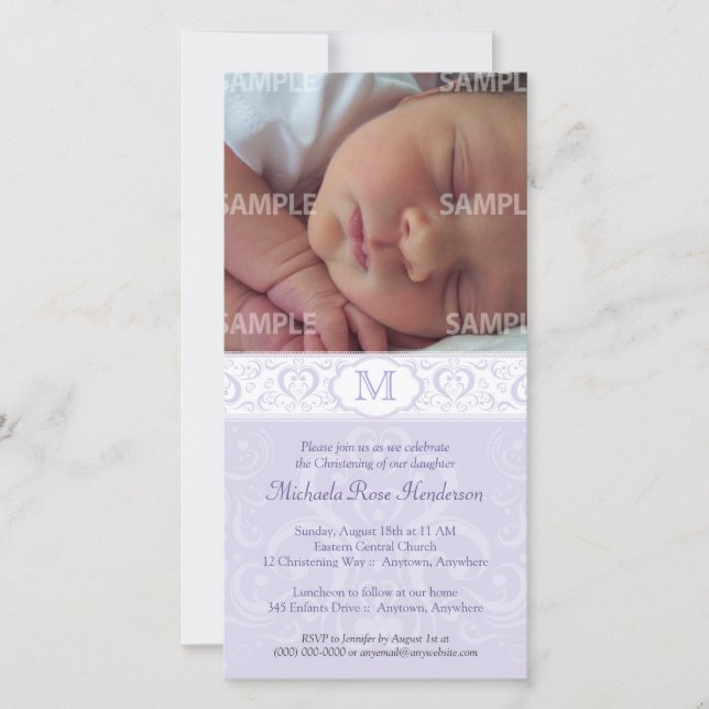 Carte Lilac Damask Monogramme Baptême/Christening (Devant)