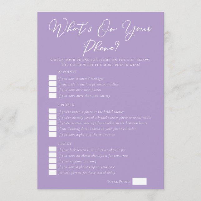 Carte Lilac Purple What's On Your Phone Bridal Shower (Devant)
