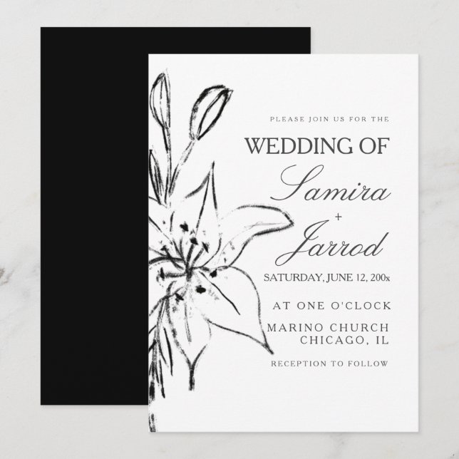 Carte Lily Floral Line Art Ink Mariage croquis (Devant / Derrière)