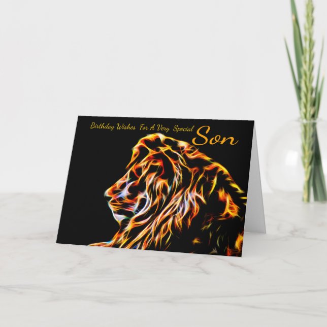 Carte Lion d'anniversaire de fractale de fils, au néon (Devant)