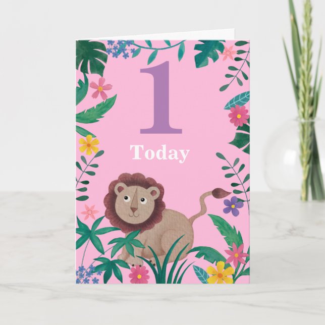 Carte Lion de la petite jungle à fleurs d'un an (Devant)
