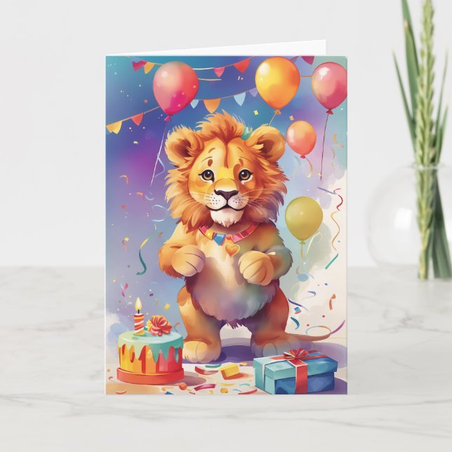 Carte Lion fête à la fête avec gâteau (Devant)