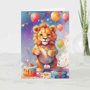 Carte Lion fête à la fête avec gâteau