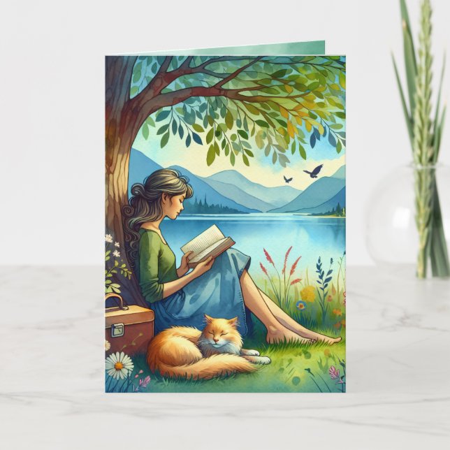 Carte Lire un livre sous un arbre | Anniversaire (Devant)