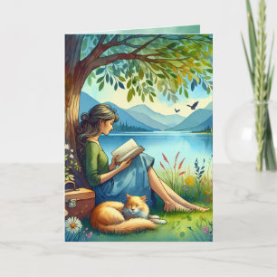 Carte Lire un livre sous un arbre   Anniversaire