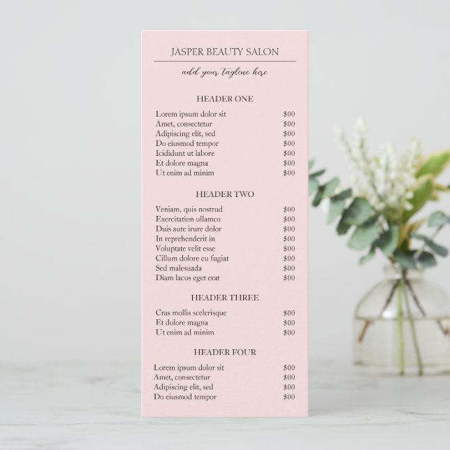 Carte Liste de prix simple rose Élégant Moderne (Debout devant)