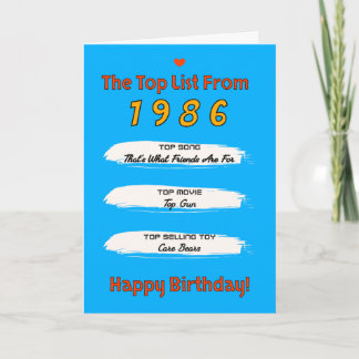 Carte Liste du Top 1986 pour un Anniversaire