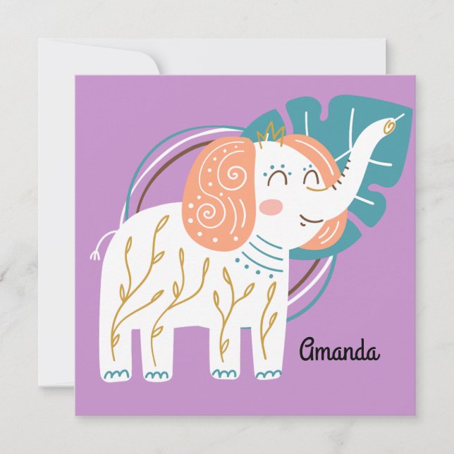 Carte Little Elephant Boho Nom personnalisé (Devant)
