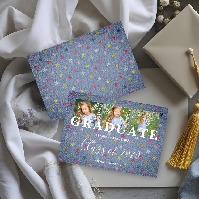 Carte Little Stars Pre-K Graduation Trois photos Textile (Fun Pre-K Graduation Invitation Cards with Blue Textile Texture and Little Stars with 3-Photo.)