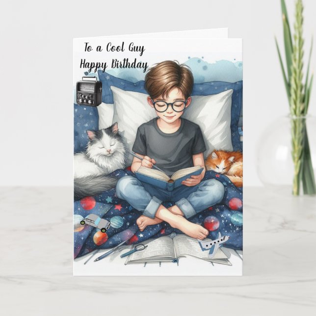 Carte Livres de lecture de garçon avec chats Anniversair (Devant)