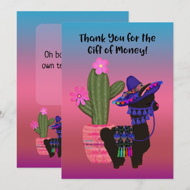 Carte Llama cadeau argent Merci avec Sombrero (Devant / Derrière)