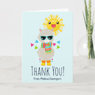Carte Llama Cool et Soleil Kawaii Sourire Merci