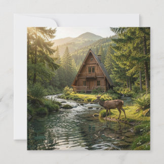 Carte Log Cabin, Stream, Mountains and Deer Nature Art