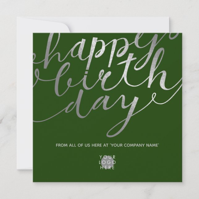 Carte Logo Argent Script Lettrer Forêt Vert Anniversaire (Devant)