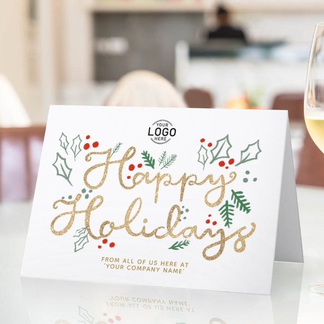 Carte Logo Business Gold Lettering Happy Holidays White (Créateur téléchargé)