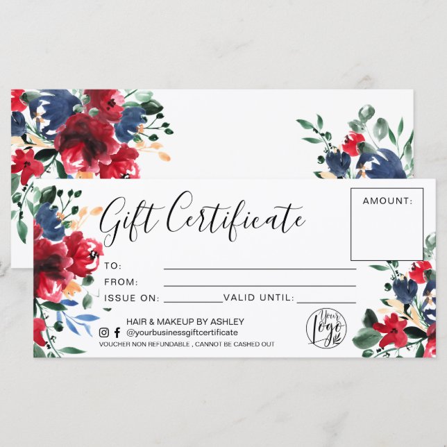 Carte Logo cadeau à l'aquarelle florale rouge (Devant / Derrière)