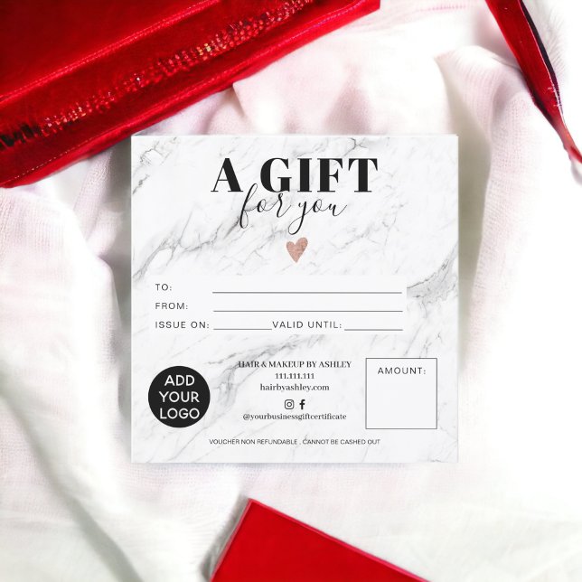 Carte Logo cadeau carré en marbre blanc chic (Chic white marble square gift certificate logo)