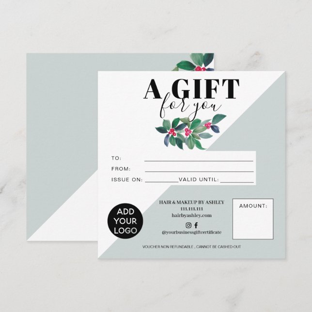 Carte Logo cadeau carré vert fleuri d'hiver (Devant / Derrière)