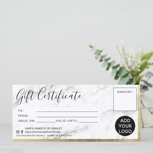 Carte Logo cadeau en marbre de feuille d'or (Debout devant)