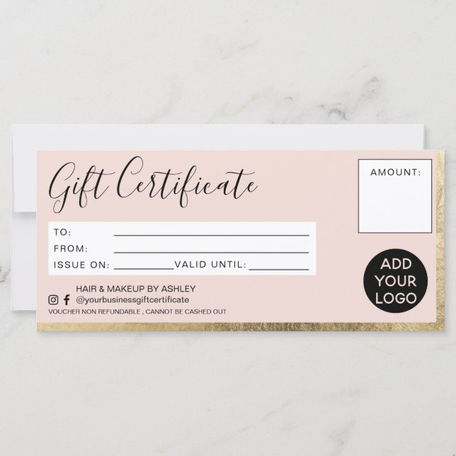 Carte Logo cadeau moderne fausse feuille or rose (Devant)
