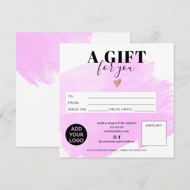 Carte Logo de certificat cadeau carré de brosse violet (Devant / Derrière)