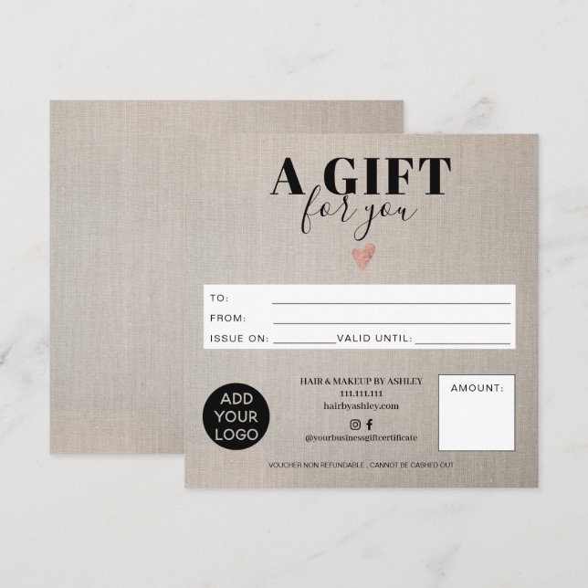 Carte Logo de certificat cadeau carré en faux lin rustiq (Devant / Derrière)
