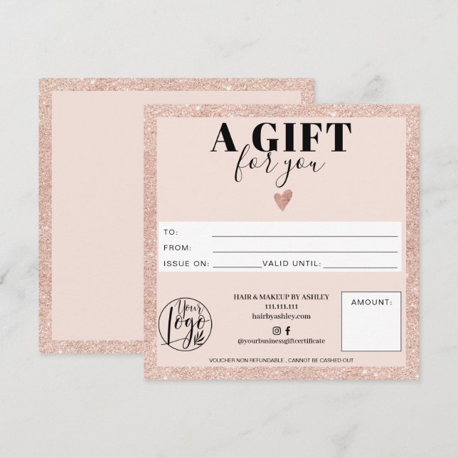 Carte Logo de certificat cadeau carré rose or rousse ros (Devant / Derrière)