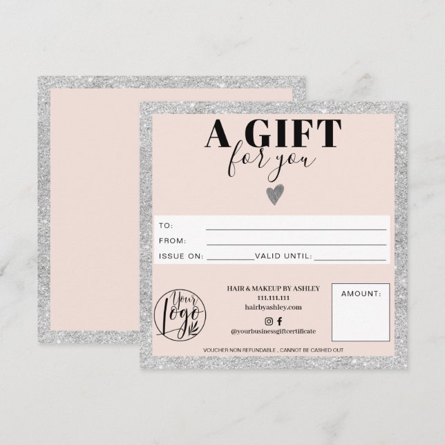 Carte Logo de certificat cadeau carré rose vif en argent (Devant / Derrière)