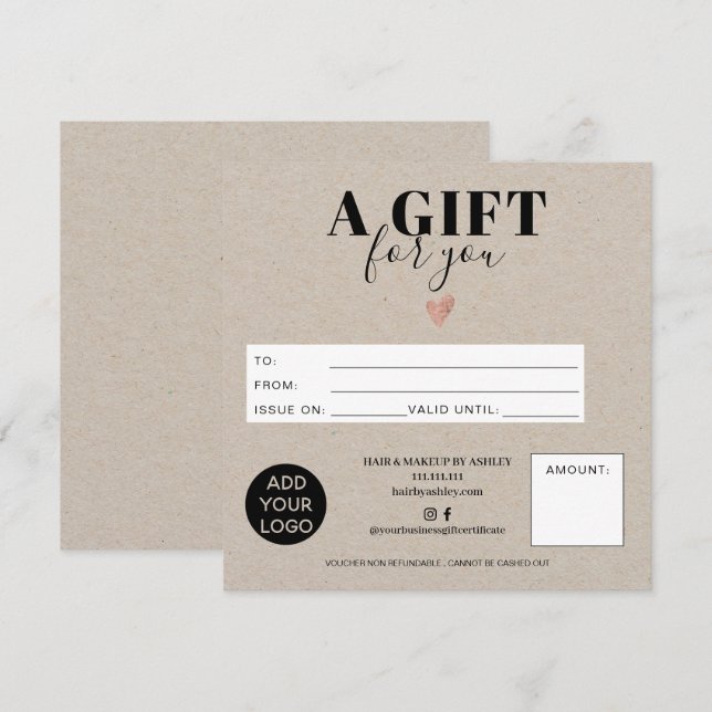 Carte Logo de certificat cadeau carré rustique kraft (Devant / Derrière)
