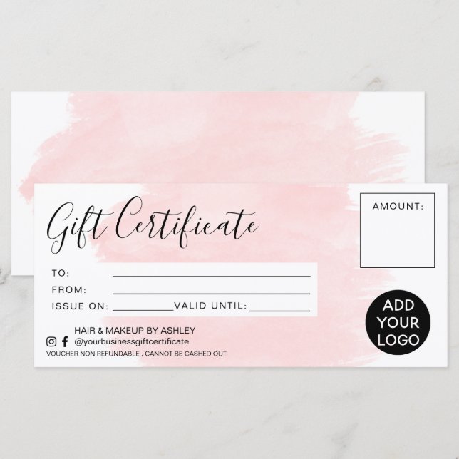 Carte Logo de certificat cadeau de brossage couleur rose (Devant / Derrière)