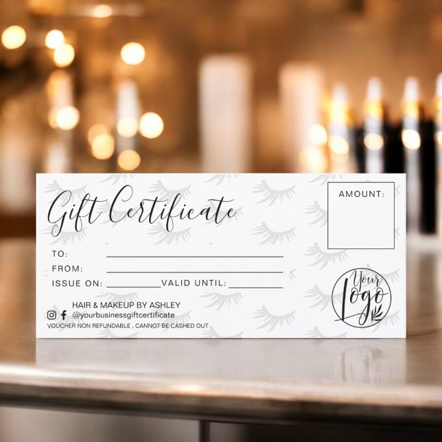 Carte Logo de certificat cadeau en noir et blanc (Chic lashes black and white gift certificate logo)