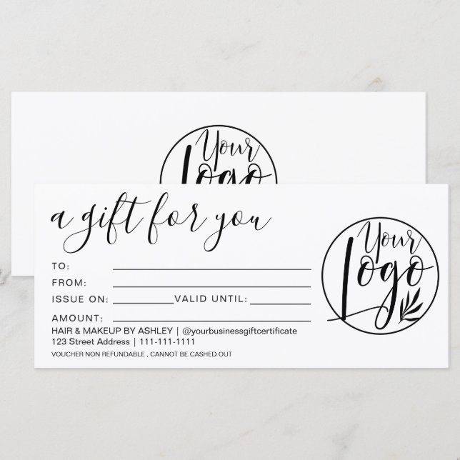 Carte Logo de certificat cadeau noir simple (Devant / Derrière)