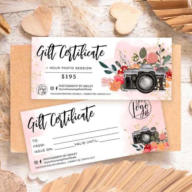 Carte Logo de certificat cadeau photographe en or floral (Créateur téléchargé)