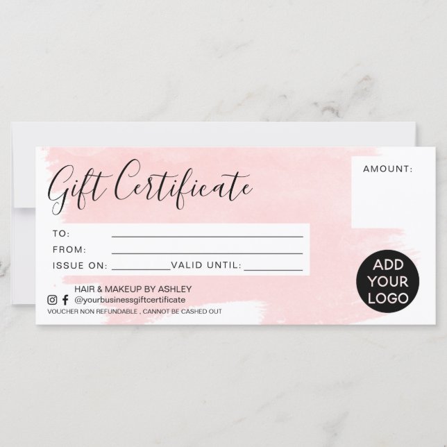 Carte Logo de certificat cadeau pour brosse rose pastel (Devant)
