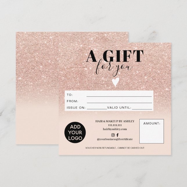 Carte Logo de certificat cadeau rose or glitterpink (Devant / Derrière)