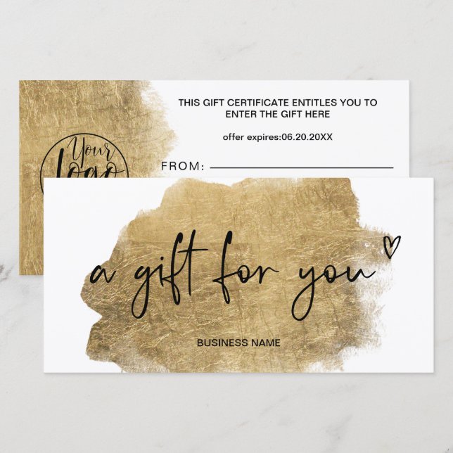 Carte logo de coeur en feuille d'or certificat cadeau (Devant / Derrière)