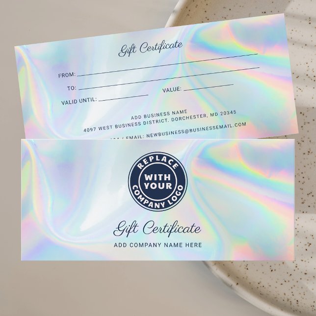 Carte Logo d'entreprise Holographique Certificat cadeau  (Business Logo Holographic Gift Certificate Custom)