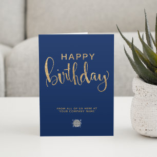 Carte Logo Élégant Faux Or Bleu Marine Joyeux Anniversai