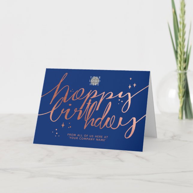 Carte Logo Faux Rose Gold Script Main Marine Blue Annive (Devant)