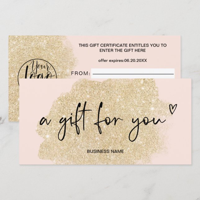 Carte logo parties scintillant or coeur rose certificat  (Devant / Derrière)