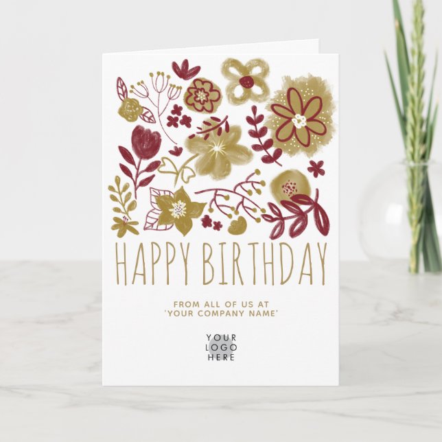 Carte Logo personnalisé Bourgogne Gold Flowers Joyeux an (Devant)