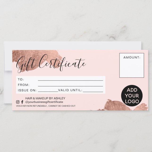 Carte logo rose or brosse feuille cadeau certificat (Devant)